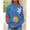 imageZESICA Womens Long Puff Sleeve Sweaters Casual Crewneck Ribbed Knit Flower Color Block Loose Pullover TopsBlue