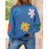 imageZESICA Womens Long Puff Sleeve Sweaters Casual Crewneck Ribbed Knit Flower Color Block Loose Pullover TopsBlue