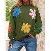 imageZESICA Womens Long Puff Sleeve Sweaters Casual Crewneck Ribbed Knit Flower Color Block Loose Pullover TopsGreen