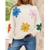 imageZESICA Womens Long Puff Sleeve Sweaters Casual Crewneck Ribbed Knit Flower Color Block Loose Pullover TopsIvory