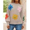 imageZESICA Womens Long Puff Sleeve Sweaters Casual Crewneck Ribbed Knit Flower Color Block Loose Pullover TopsSand