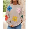 imageZESICA Womens Long Puff Sleeve Sweaters Casual Crewneck Ribbed Knit Flower Color Block Loose Pullover TopsSand