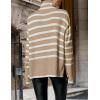 imageZESICA Womens Winter Sweaters Casual Turtleneck Long Sleeve Striped Side Slit Loose Pullover Sweater Jumper TopsKhaki