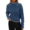 imageZESICA Womens Casual Long Sleeve Mock Neck Cable Knit Contrast Color Fall Winter Chunky Pullover SweaterDusty Blue