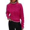 imageZESICA Womens Casual Long Sleeve Mock Neck Cable Knit Contrast Color Fall Winter Chunky Pullover SweaterRose