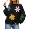 imageZESICA Womens Long Puff Sleeve Sweaters Casual Crewneck Ribbed Knit Flower Color Block Loose Pullover TopsBlack