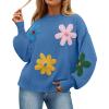 imageZESICA Womens Long Puff Sleeve Sweaters Casual Crewneck Ribbed Knit Flower Color Block Loose Pullover TopsBlue