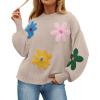 imageZESICA Womens Long Puff Sleeve Sweaters Casual Crewneck Ribbed Knit Flower Color Block Loose Pullover TopsSand