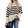 imageZESICA Womens Winter Sweaters Casual Turtleneck Long Sleeve Striped Side Slit Loose Pullover Sweater Jumper TopsNavy