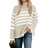 imageZESICA Womens Winter Sweaters Casual Turtleneck Long Sleeve Striped Side Slit Loose Pullover Sweater Jumper TopsSand