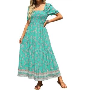imageZESICA Womens 2025 Summer Boho Floral Print Square Neck Ruffle Swing Beach Long Maxi DressAqua