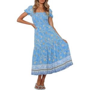 imageZESICA Womens 2025 Summer Boho Floral Print Square Neck Ruffle Swing Beach Long Maxi DressBlue