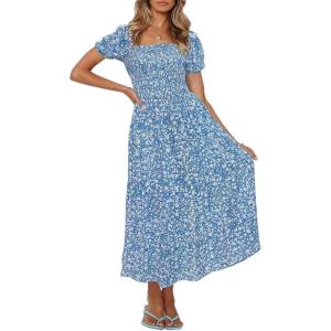imageZESICA Womens 2025 Summer Boho Floral Print Square Neck Ruffle Swing Beach Long Maxi DressBlue2