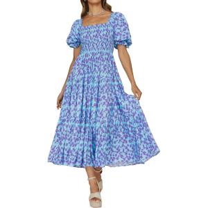 imageZESICA Womens 2025 Summer Boho Floral Print Square Neck Ruffle Swing Beach Long Maxi DressBluishviolet