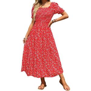 imageZESICA Womens 2025 Summer Boho Floral Print Square Neck Ruffle Swing Beach Long Maxi DressCherry