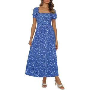 imageZESICA Womens 2025 Summer Boho Floral Print Square Neck Ruffle Swing Beach Long Maxi DressCobalt