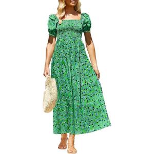 imageZESICA Womens 2025 Summer Boho Floral Print Square Neck Ruffle Swing Beach Long Maxi DressGrassgreen