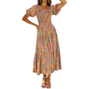 imageZESICA Womens 2025 Summer Boho Floral Print Square Neck Ruffle Swing Beach Long Maxi DressGreygreen