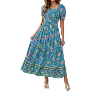 imageZESICA Womens 2025 Summer Boho Floral Print Square Neck Ruffle Swing Beach Long Maxi DressLightgreen