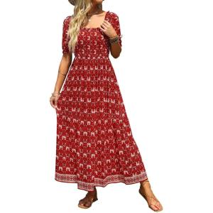 imageZESICA Womens 2025 Summer Boho Floral Print Square Neck Ruffle Swing Beach Long Maxi DressLycheered