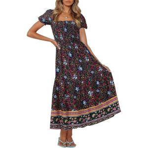 imageZESICA Womens 2025 Summer Boho Floral Print Square Neck Ruffle Swing Beach Long Maxi DressNavy