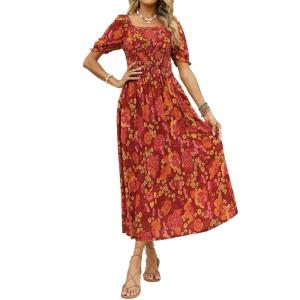 imageZESICA Womens 2025 Summer Boho Floral Print Square Neck Ruffle Swing Beach Long Maxi DressOrangeRed