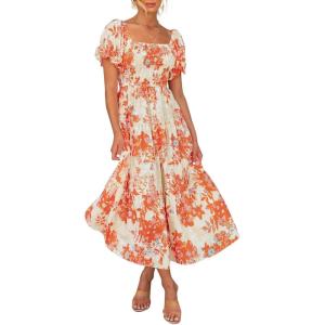 imageZESICA Womens 2025 Summer Boho Floral Print Square Neck Ruffle Swing Beach Long Maxi DressTangerine