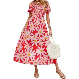imageZESICA Womens 2025 Summer Boho Floral Print Square Neck Ruffle Swing Beach Long Maxi DressTomato