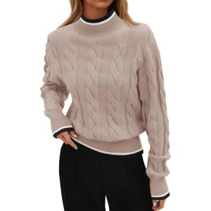 imageZESICA Womens Casual Long Sleeve Mock Neck Cable Knit Contrast Color Fall Winter Chunky Pullover SweaterAlmond