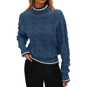 imageZESICA Womens Casual Long Sleeve Mock Neck Cable Knit Contrast Color Fall Winter Chunky Pullover SweaterDusty Blue