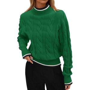 imageZESICA Womens Casual Long Sleeve Mock Neck Cable Knit Contrast Color Fall Winter Chunky Pullover SweaterGreen