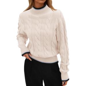 imageZESICA Womens Casual Long Sleeve Mock Neck Cable Knit Contrast Color Fall Winter Chunky Pullover SweaterIvory