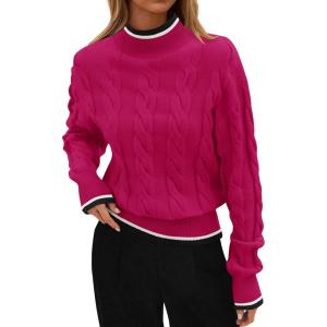 imageZESICA Womens Casual Long Sleeve Mock Neck Cable Knit Contrast Color Fall Winter Chunky Pullover SweaterRose