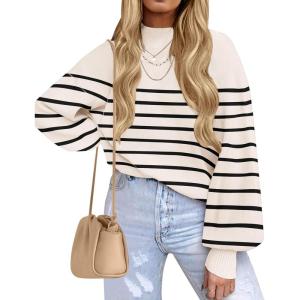 imageZESICA Womens Casual Turtleneck Long Lantern Sleeve Oversized Ribbed Knit Pullover Sweater Jumper TopApricotstripe