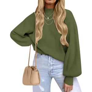 imageZESICA Womens Casual Turtleneck Long Lantern Sleeve Oversized Ribbed Knit Pullover Sweater Jumper TopArmygreen