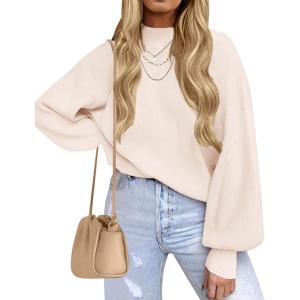 imageZESICA Womens Casual Turtleneck Long Lantern Sleeve Oversized Ribbed Knit Pullover Sweater Jumper TopBeige