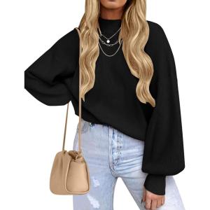 imageZESICA Womens Casual Turtleneck Long Lantern Sleeve Oversized Ribbed Knit Pullover Sweater Jumper TopBlack