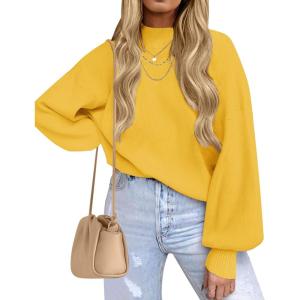 imageZESICA Womens Casual Turtleneck Long Lantern Sleeve Oversized Ribbed Knit Pullover Sweater Jumper TopBright Yellow