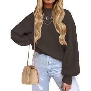 imageZESICA Womens Casual Turtleneck Long Lantern Sleeve Oversized Ribbed Knit Pullover Sweater Jumper TopCoffee