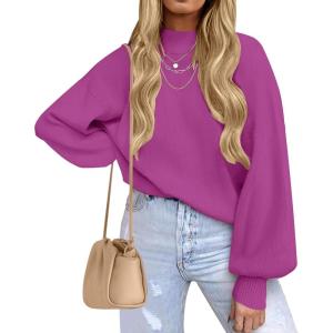 imageZESICA Womens Casual Turtleneck Long Lantern Sleeve Oversized Ribbed Knit Pullover Sweater Jumper TopEggplant