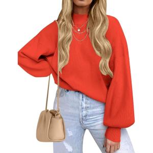 imageZESICA Womens Casual Turtleneck Long Lantern Sleeve Oversized Ribbed Knit Pullover Sweater Jumper TopFirered