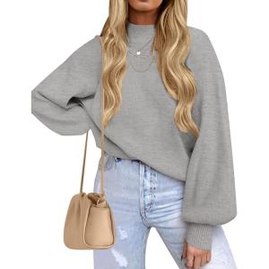 imageZESICA Womens Casual Turtleneck Long Lantern Sleeve Oversized Ribbed Knit Pullover Sweater Jumper TopGrey
