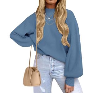 imageZESICA Womens Casual Turtleneck Long Lantern Sleeve Oversized Ribbed Knit Pullover Sweater Jumper TopGreyblue