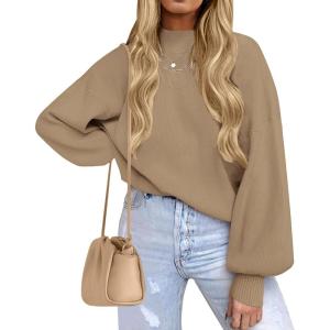 imageZESICA Womens Casual Turtleneck Long Lantern Sleeve Oversized Ribbed Knit Pullover Sweater Jumper TopLightkhaki
