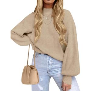 imageZESICA Womens Casual Turtleneck Long Lantern Sleeve Oversized Ribbed Knit Pullover Sweater Jumper TopOatmeal