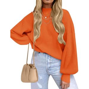 imageZESICA Womens Casual Turtleneck Long Lantern Sleeve Oversized Ribbed Knit Pullover Sweater Jumper TopOrange