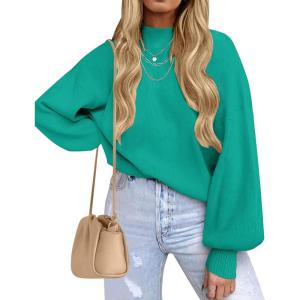 imageZESICA Womens Casual Turtleneck Long Lantern Sleeve Oversized Ribbed Knit Pullover Sweater Jumper TopPeacock