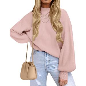 imageZESICA Womens Casual Turtleneck Long Lantern Sleeve Oversized Ribbed Knit Pullover Sweater Jumper TopPink