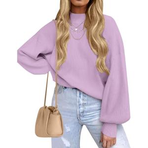 imageZESICA Womens Casual Turtleneck Long Lantern Sleeve Oversized Ribbed Knit Pullover Sweater Jumper TopPurple