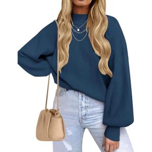 imageZESICA Womens Casual Turtleneck Long Lantern Sleeve Oversized Ribbed Knit Pullover Sweater Jumper TopRoyalblue
